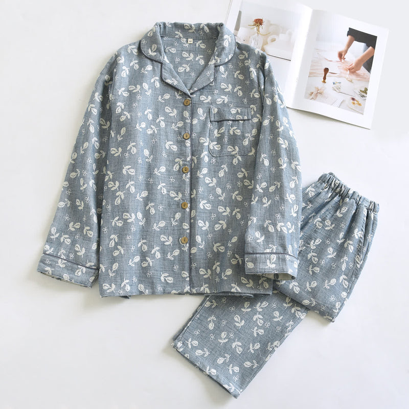 Ownkoti Cotton Gauze Leaf Print Pajama Set - Gray - XL - image 0