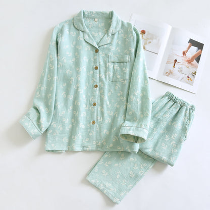 Ownkoti Cotton Gauze Leaf Print Pajama Set - Green - XL - image 2