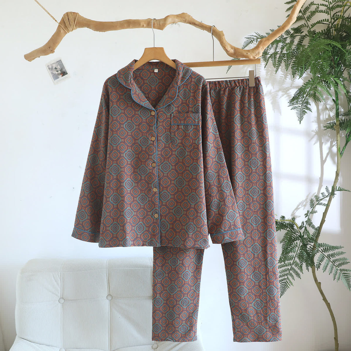 Ownkoti Minimal Cotton Gauze Printed Sleepwear Set - Brown - XL - image 12