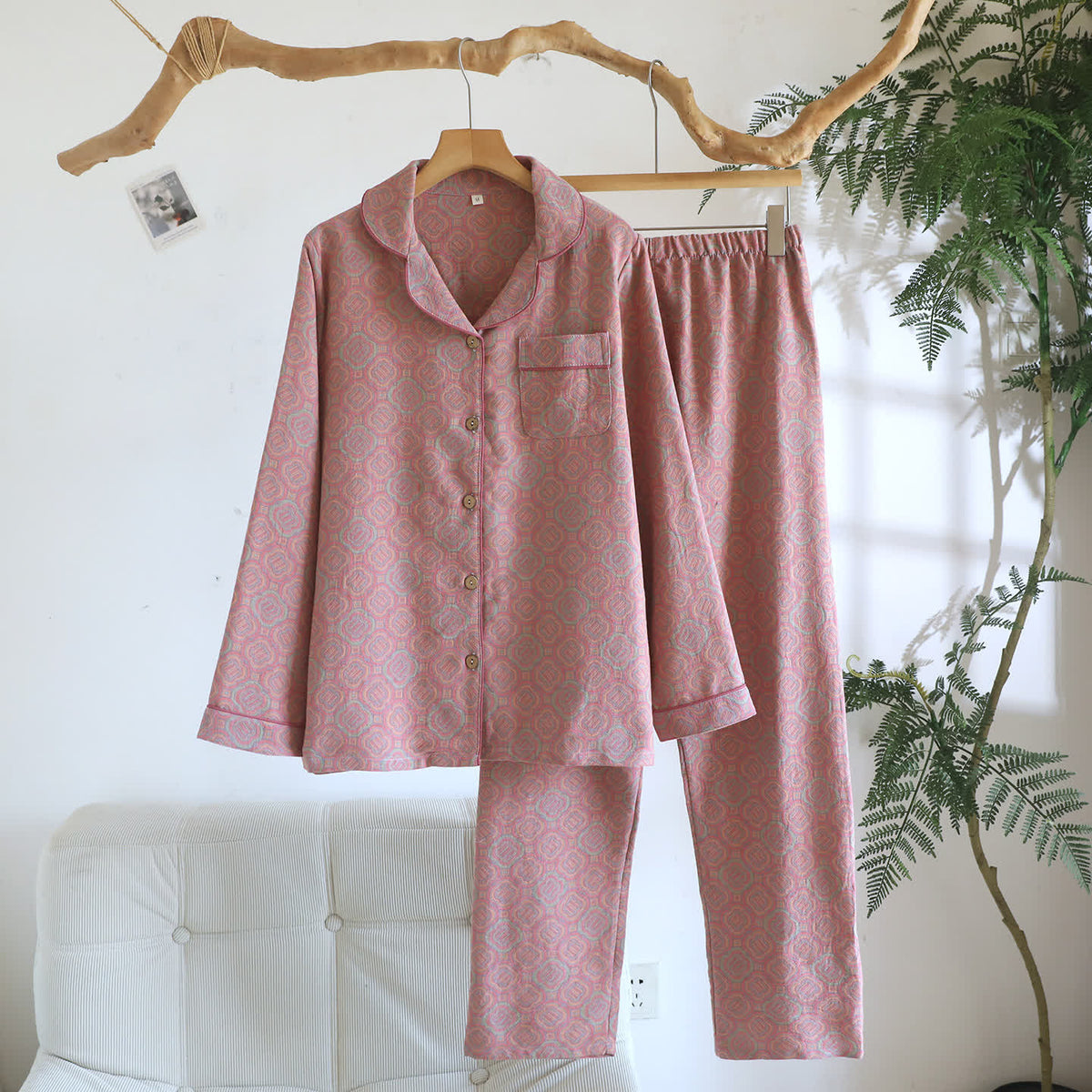 Ownkoti Minimal Cotton Gauze Printed Sleepwear Set - Pink - XL - image 1