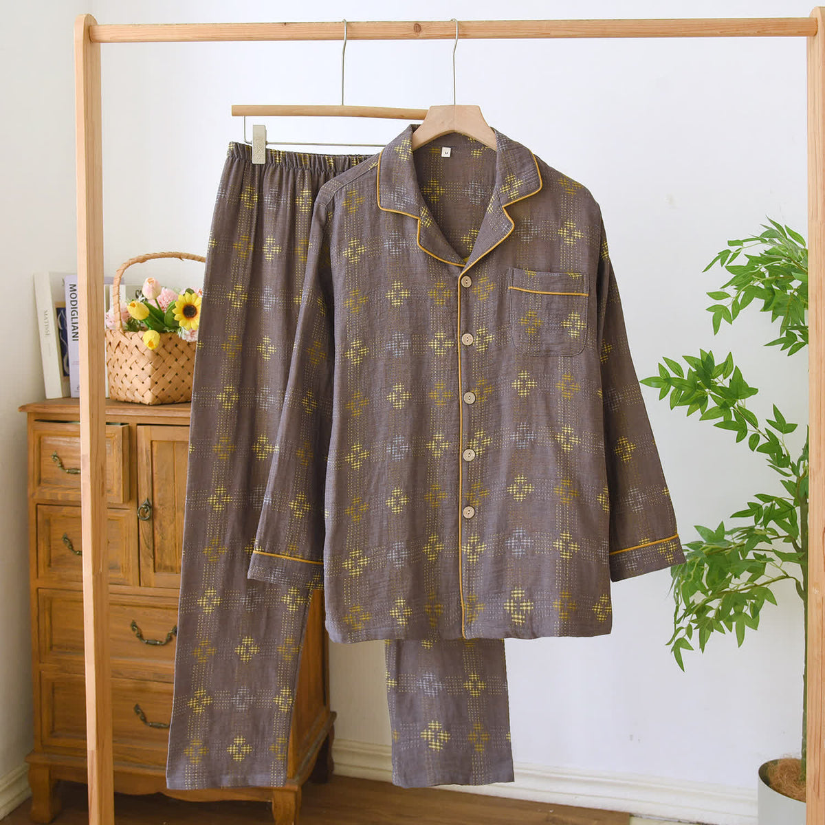Ownkoti Heritage Cotton Gauze Check Pajama Set - Brown - XL - image 11
