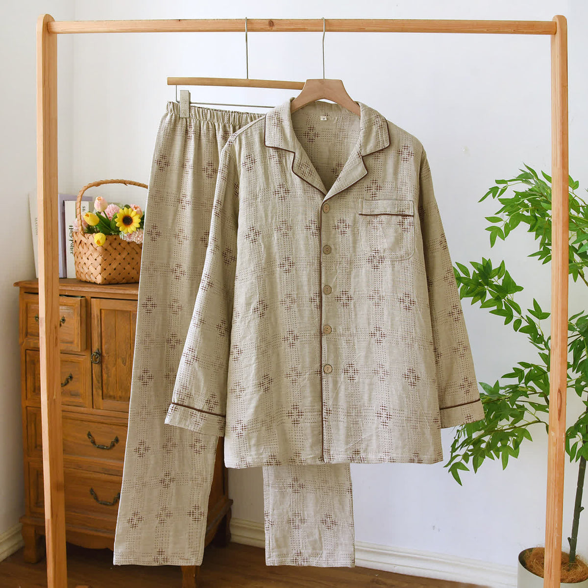 Ownkoti Heritage Cotton Gauze Check Pajama Set - Khaki - XL - image 1