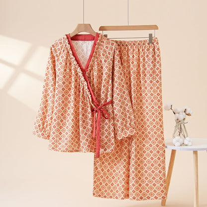 Ownkoti Geometric Ruffle Trim Cotton Loungewear Set - Beige - XL - image 0