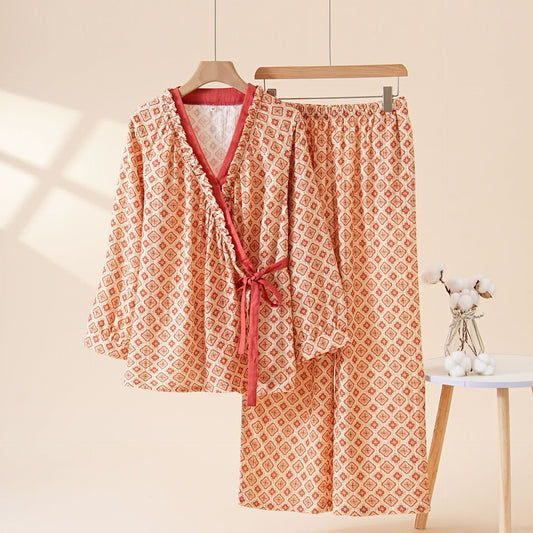 Ownkoti Geometric Ruffle Trim Cotton Loungewear Set - Beige - XL - image 0
