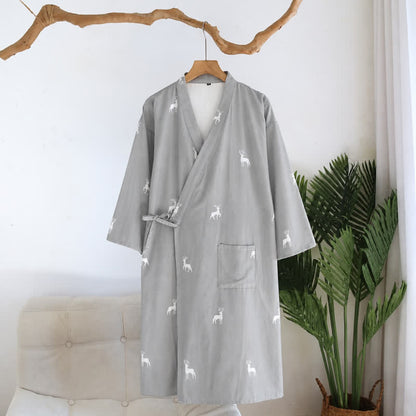 Ownkoti Couple Deer Cotton Gauze Kimono Bathrobe - Blue - L - image 11