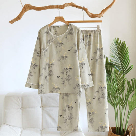 Ownkoti Oriental Bamboo Butterfly Cotton Loungewear Set - Light Coffee - XL - image 0
