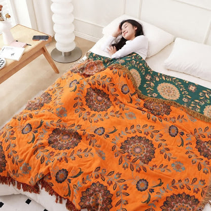 Ownkoti Cotton Gauze Floral Reversible Tassel Quilt - Dark Blue & Orange - Queen - image 6