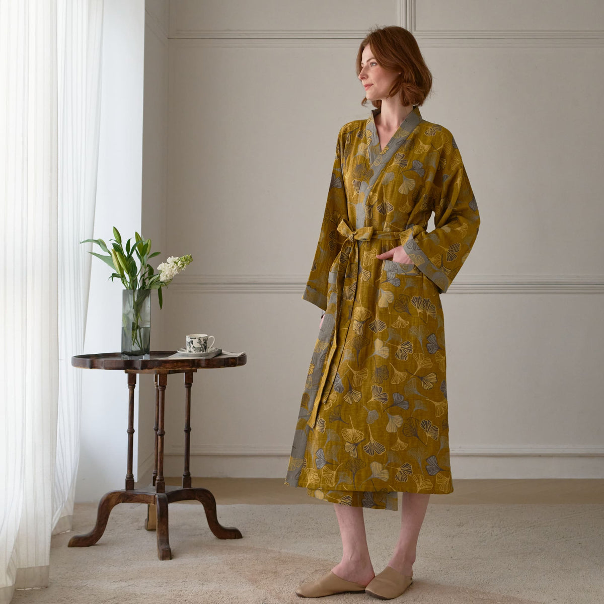 Ownkoti Ginkgo Biloba Cotton Gauze Kimono Robe - image 5