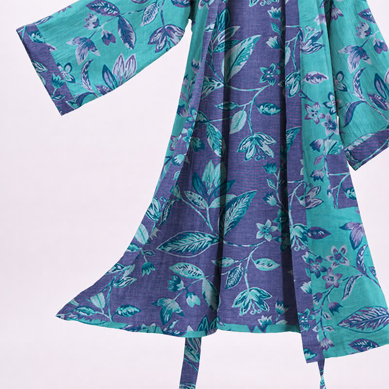 Ownkoti Blue & Purple Leaf Cotton Kimono Robe - image 4