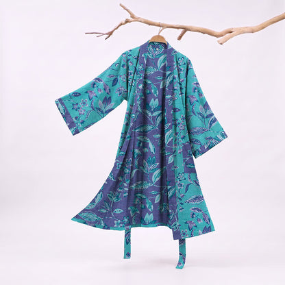 Ownkoti Blue & Purple Leaf Cotton Kimono Robe - Blue - XL - image 0