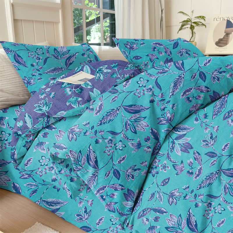Ownkoti Blue & Purple Leaf Cotton Duvet Cover Bedding Set - Blue - Bedding Set（4PCS） - King - image 0