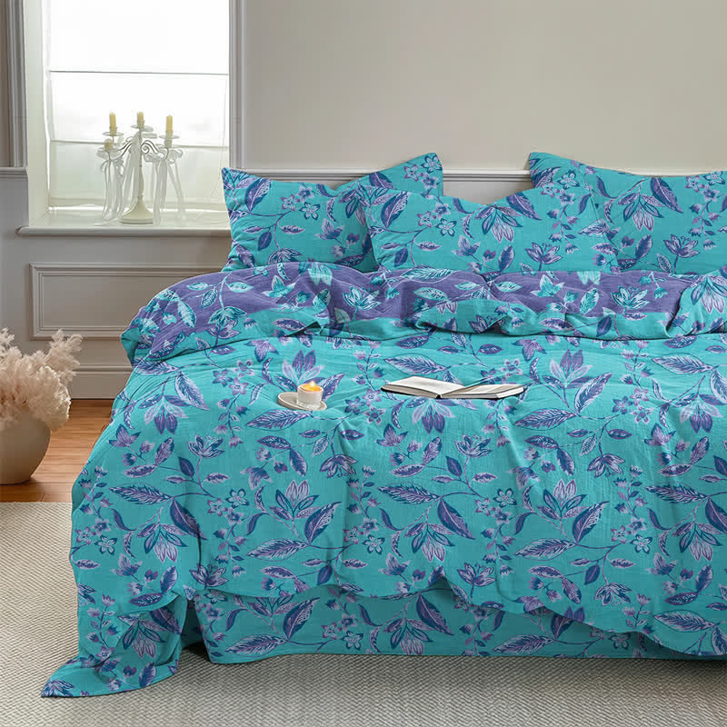 Ownkoti Blue & Purple Leaf Cotton Duvet Cover Bedding Set - image 1