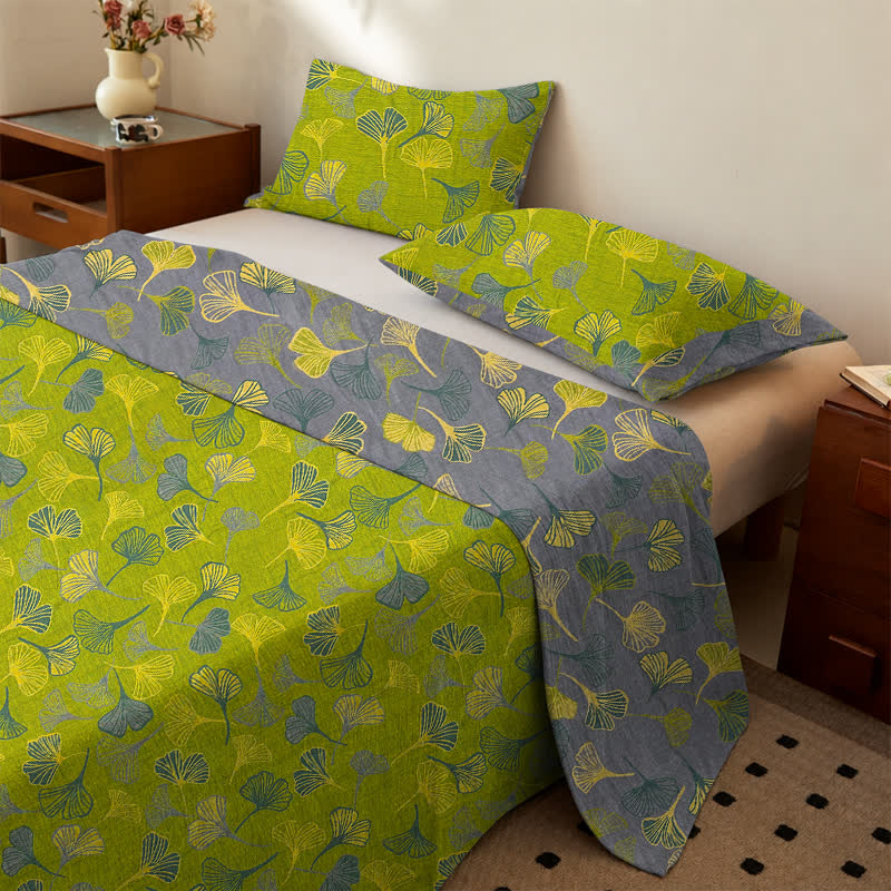 Ownkoti Vintage Green Ginkgo Leaf Cotton Bedspread Set - Green - Bedspread with 2PCS Pillowcases - King - image 0