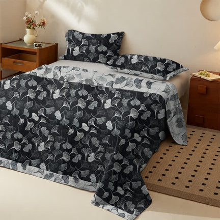 Ownkoti Vintage Black Ginkgo Leaf Reversible Cotton Bedding Set - Black - Bedspread with 2PCS Pillowcases - King - image 0