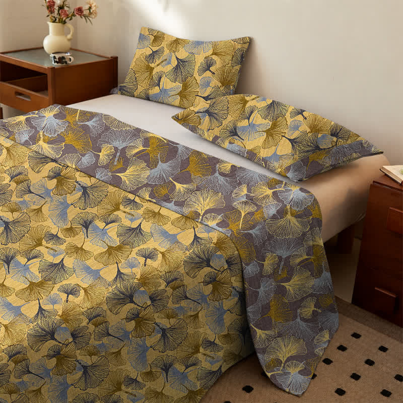 Ownkoti Golden Ginkgo Leaf Cotton Bedding Set - Yellow - Bedspread with 2PCS Pillowcases - King - image 0