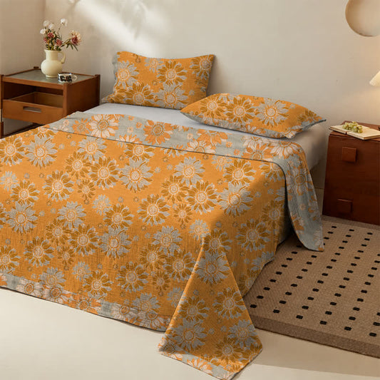 Ownkoti Sunflower Garden Cotton Gauze Bedspread - Orange - Bedspread with 2PCS Pillowcases - King - image 0