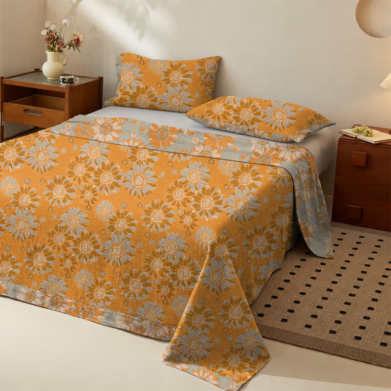 Ownkoti Sunflower Garden Cotton Gauze Bedspread - Orange - Bedspread with 2PCS Pillowcases - King - image 0