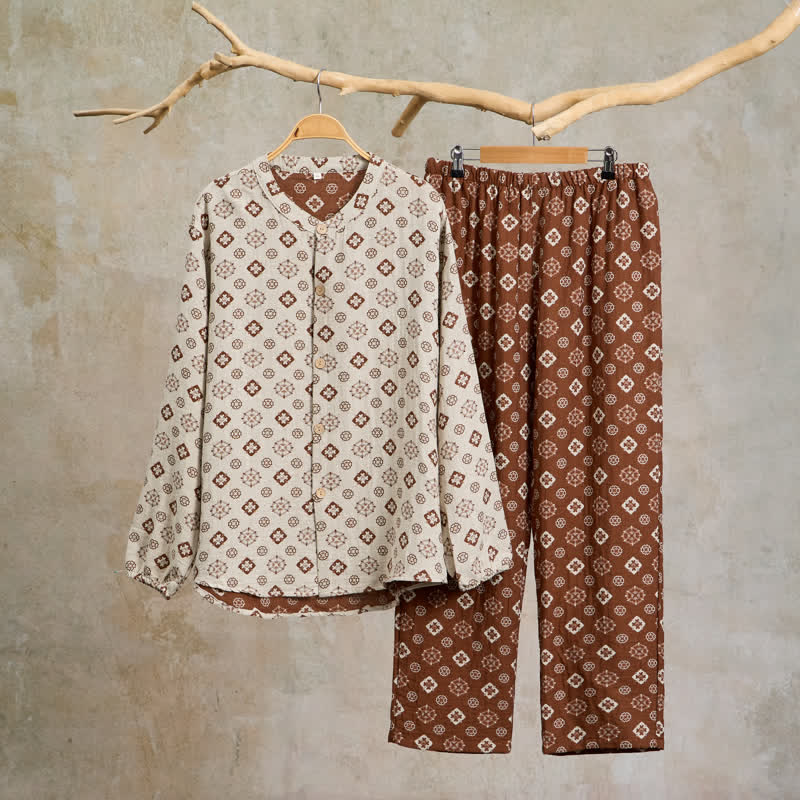 Ownkoti Retro Geometric Long Sleeve Pajama Set - Light Coffee - XL - image 0