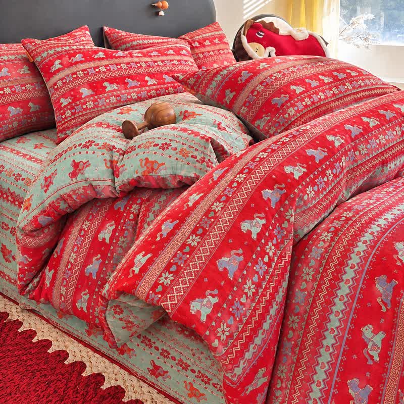 Ownkoti Ethnic Horse Cotton Duvet Cover Bedding Set - Red & Green - Bedding Set(4PCS) - King - image 0