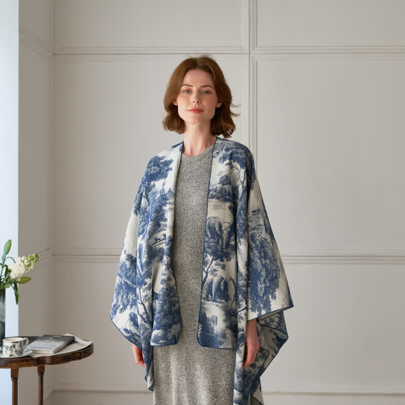 Ownkoti Vintage Jungle Toile Poncho Shawl Wrap - Blue - 51" x 63" - image 0