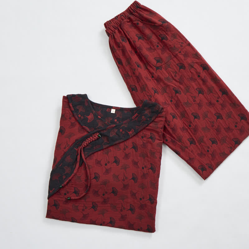 Ownkoti Ginkgo Leaf Oriental Tassel Cotton Pajamas - image 3