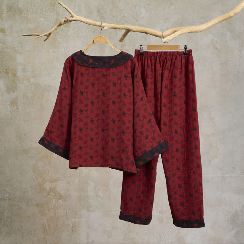 Ownkoti Ginkgo Leaf Oriental Tassel Cotton Pajamas - image 1