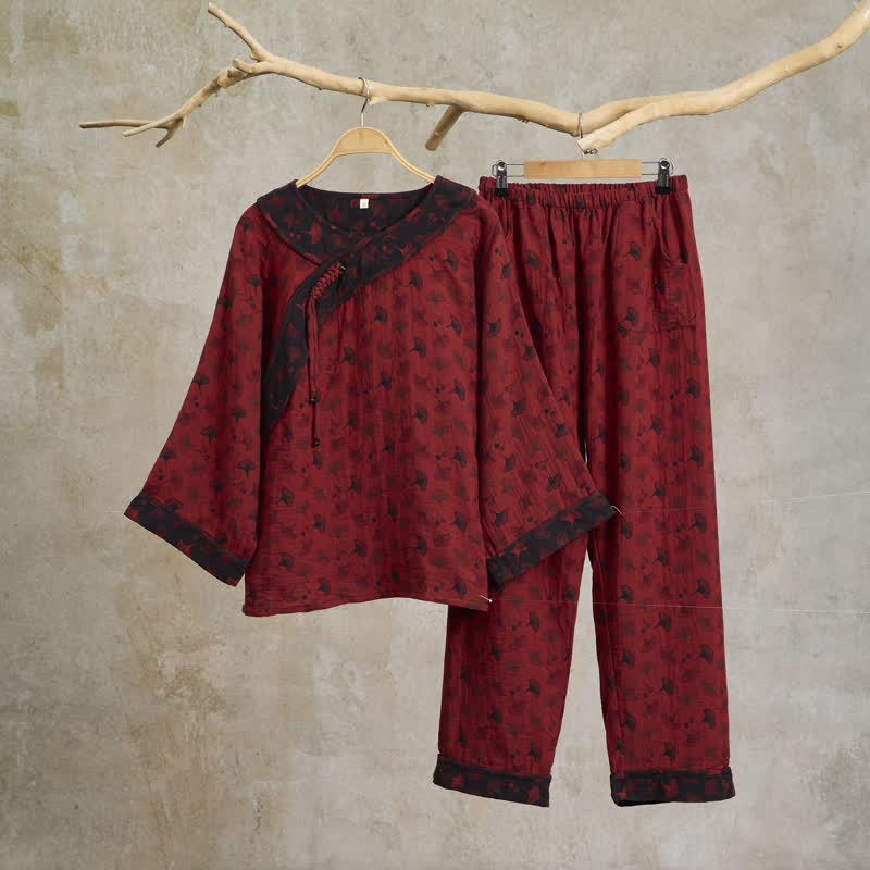 Ownkoti Ginkgo Leaf Oriental Tassel Cotton Pajamas - 2XL - image 0