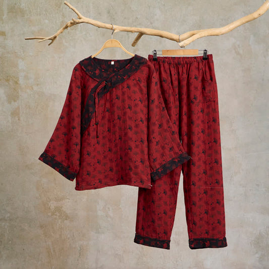 Ownkoti Ginkgo Leaf Oriental Tassel Cotton Pajamas - 2XL - image 0