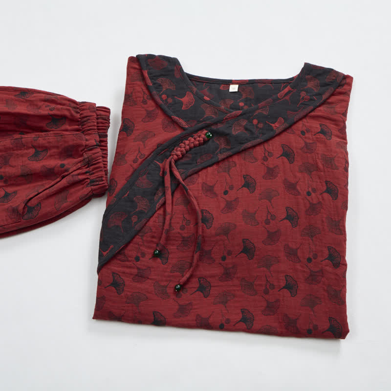 Ownkoti Ginkgo Leaf Oriental Tassel Cotton Pajamas - image 2