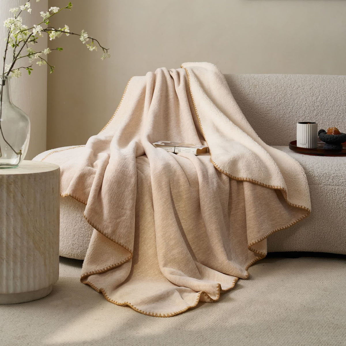 Ownkoti Minimalist Dual-Sided Sherpa Fleece Throw Blanket - Beige - 79"W x 90"L - image 11