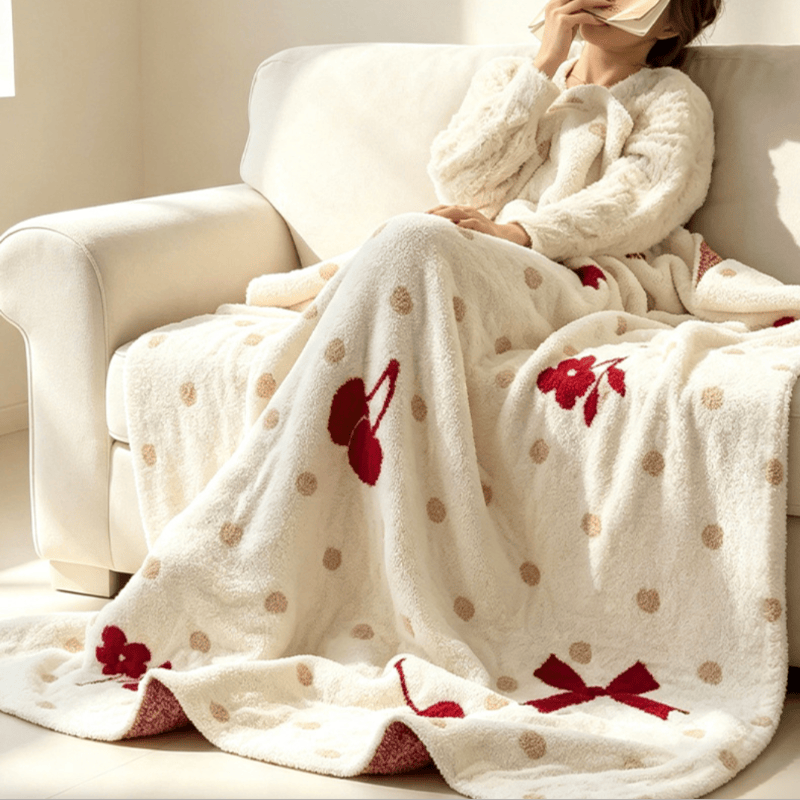 Ownkoti White Bow & Cherry Jacquard Throw Blanket - image 2