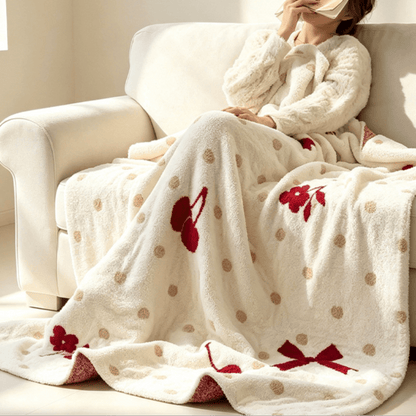 Ownkoti White Bow & Cherry Jacquard Throw Blanket - image 2
