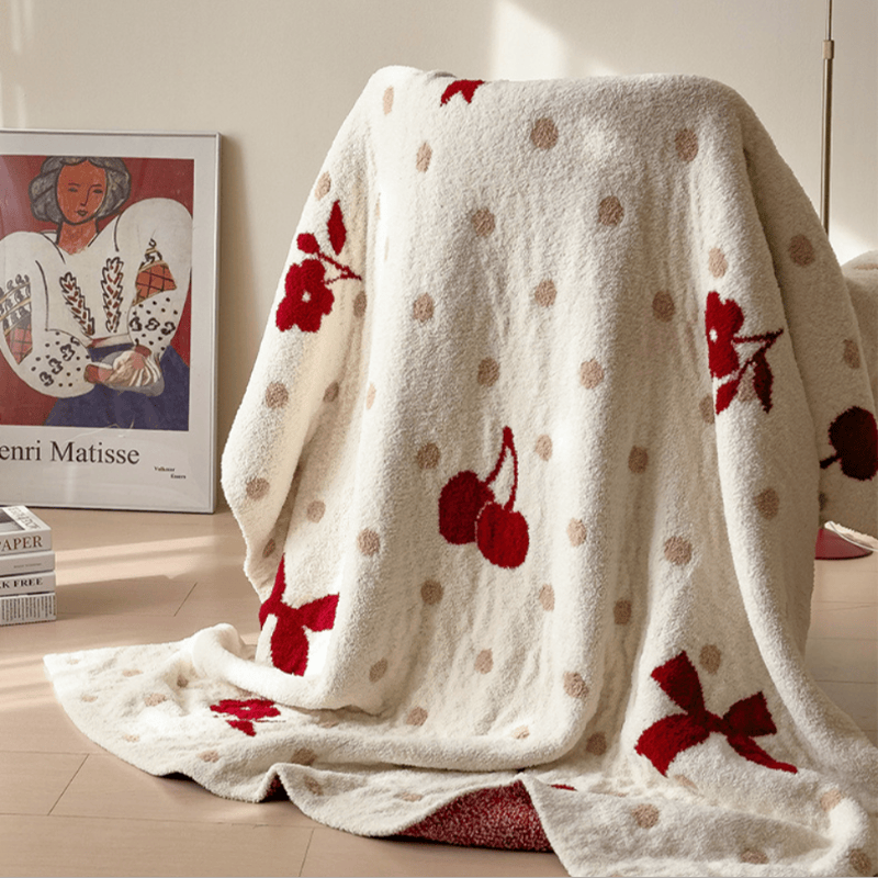Ownkoti White Bow & Cherry Jacquard Throw Blanket - image 1