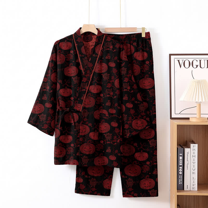Ownkoti Halloween Pumpkin Cotton Kimono Pajama Set - Black - XL - image 6