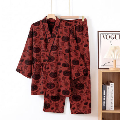 Ownkoti Halloween Pumpkin Cotton Kimono Pajama Set - Red - XL - image 1