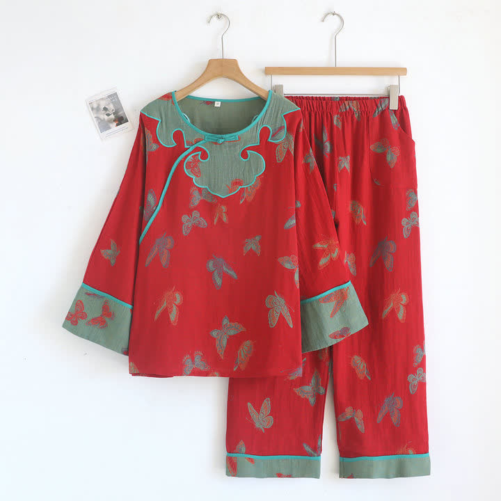 Ownkoti Vintage Butterfly Cotton Frog Button Pajama Set - Red - XL - image 0