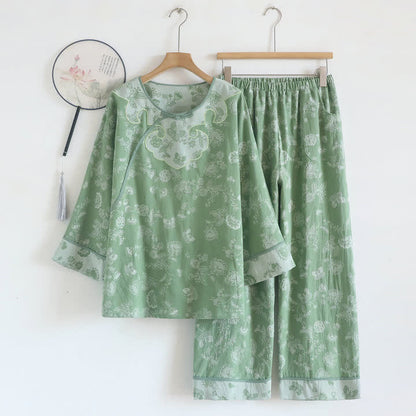 Ownkoti Elegant Cotton Gauze Frog Button Pajama Set - Green - XL - image 0