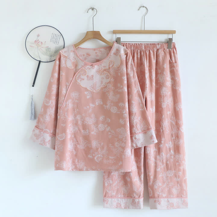 Ownkoti Elegant Cotton Gauze Frog Button Pajama Set - Pink - XL - image 4