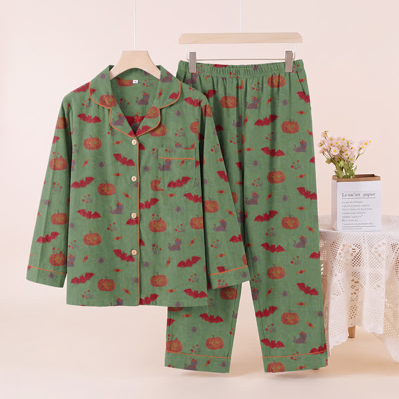 Ownkoti Halloween Pumpkin Bat Cotton Loungewear Set - Green - XL - image 7