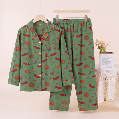 Ownkoti Halloween Pumpkin Bat Cotton Loungewear Set - Green - XL - image 7