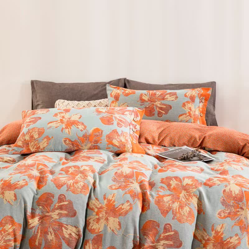 Ownkoti Artistic Flower Cotton Duvet Cover Bedding Set - Blue & Orange - Bedding Set（4PCS） - Cal King - image 0
