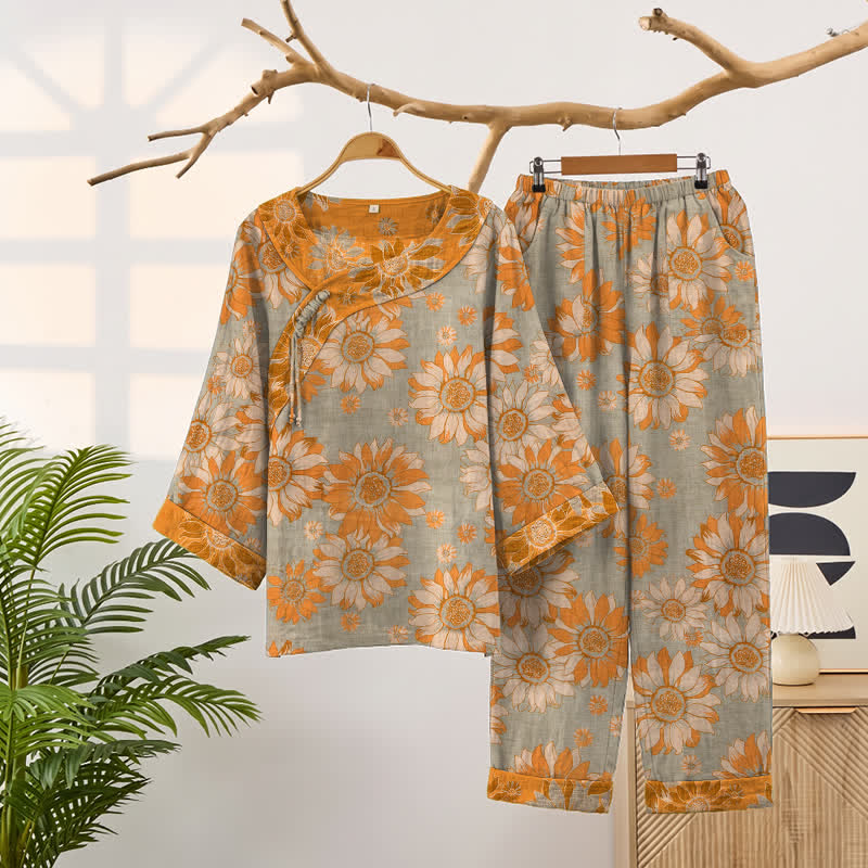Ownkoti Oriental Sunflower Cotton Pajama Set - Light Gray - XXL - image 9