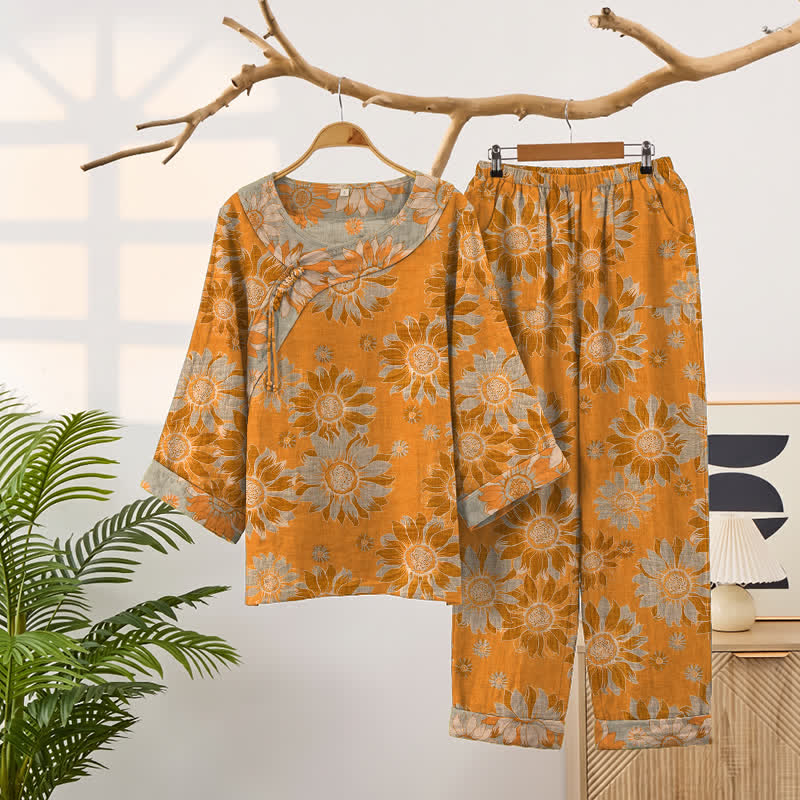 Ownkoti Oriental Sunflower Cotton Pajama Set - Orange - XXL - image 0
