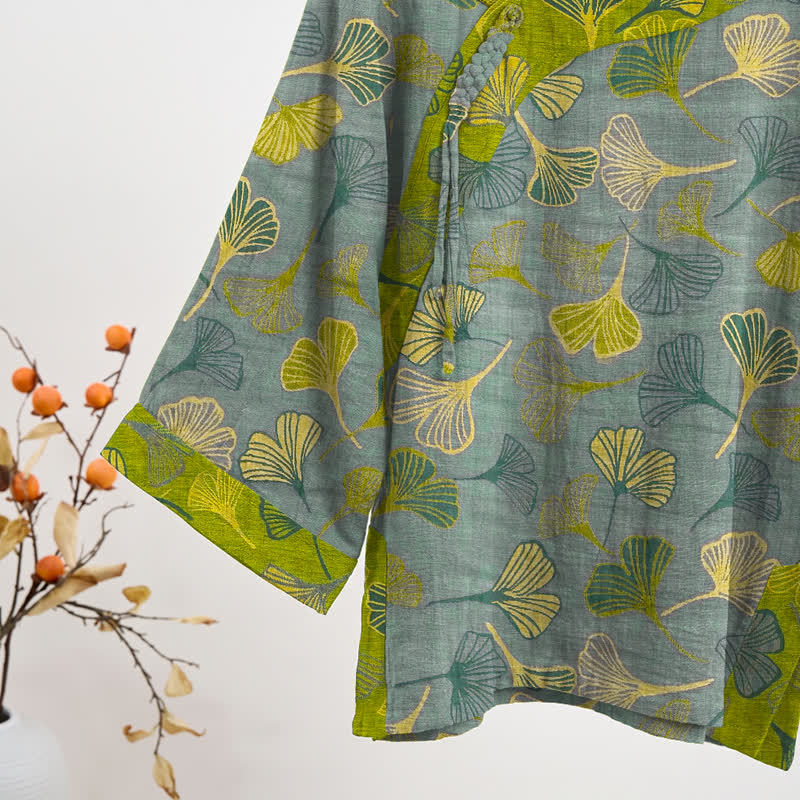 Ownkoti Oriental Ginkgo Leaf Cotton Pajama Set - image 9