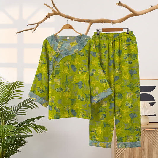 Ownkoti Oriental Ginkgo Leaf Cotton Pajama Set - Green - XXL - image 0