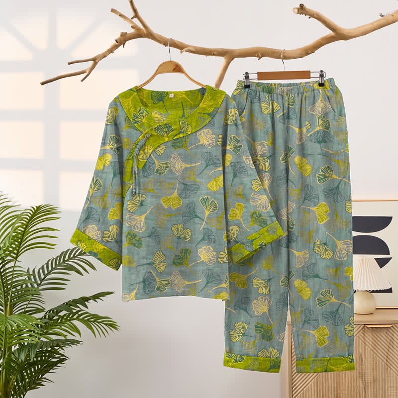 Ownkoti Oriental Ginkgo Leaf Cotton Pajama Set - Light Gray - XXL - image 6