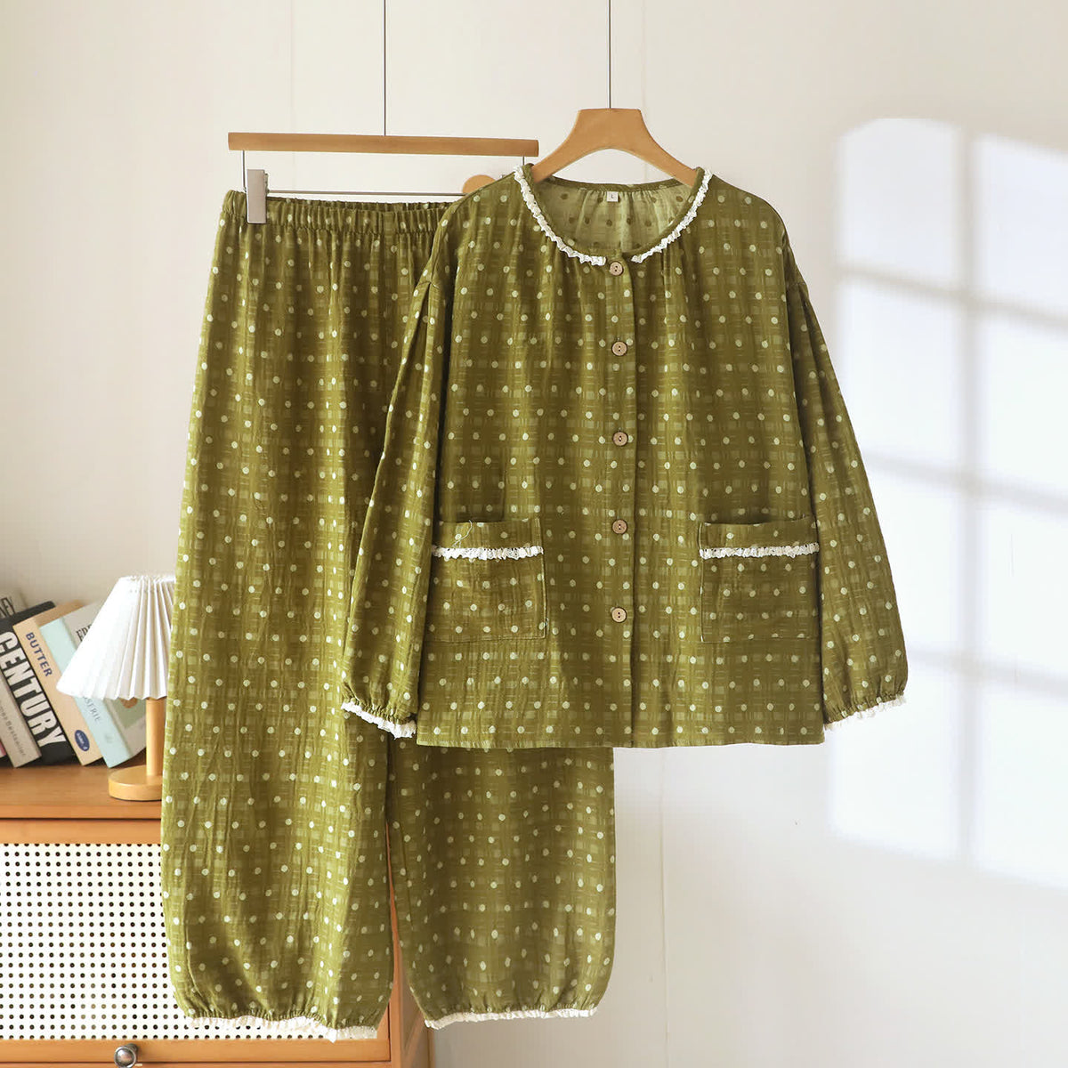 Ownkoti Candy Dot Cotton Gauze Lace Lounge Set - Green - XXL - image 10