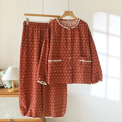 Ownkoti Candy Dot Cotton Gauze Lace Lounge Set - Brick Red - XXL - image 12