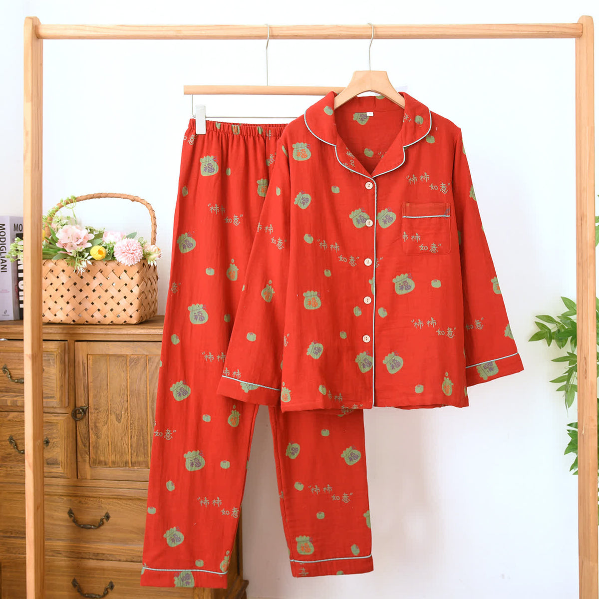 Ownkoti Vintage Festive Red Cotton Home Lounge Set - Red - Lapel Collar - XL - image 1