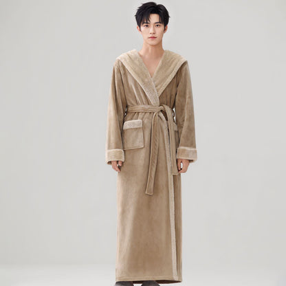 Ownkoti Cozy Plush Sherpa Hooded Long Bathrobe - Khaki - Men XL - image 4